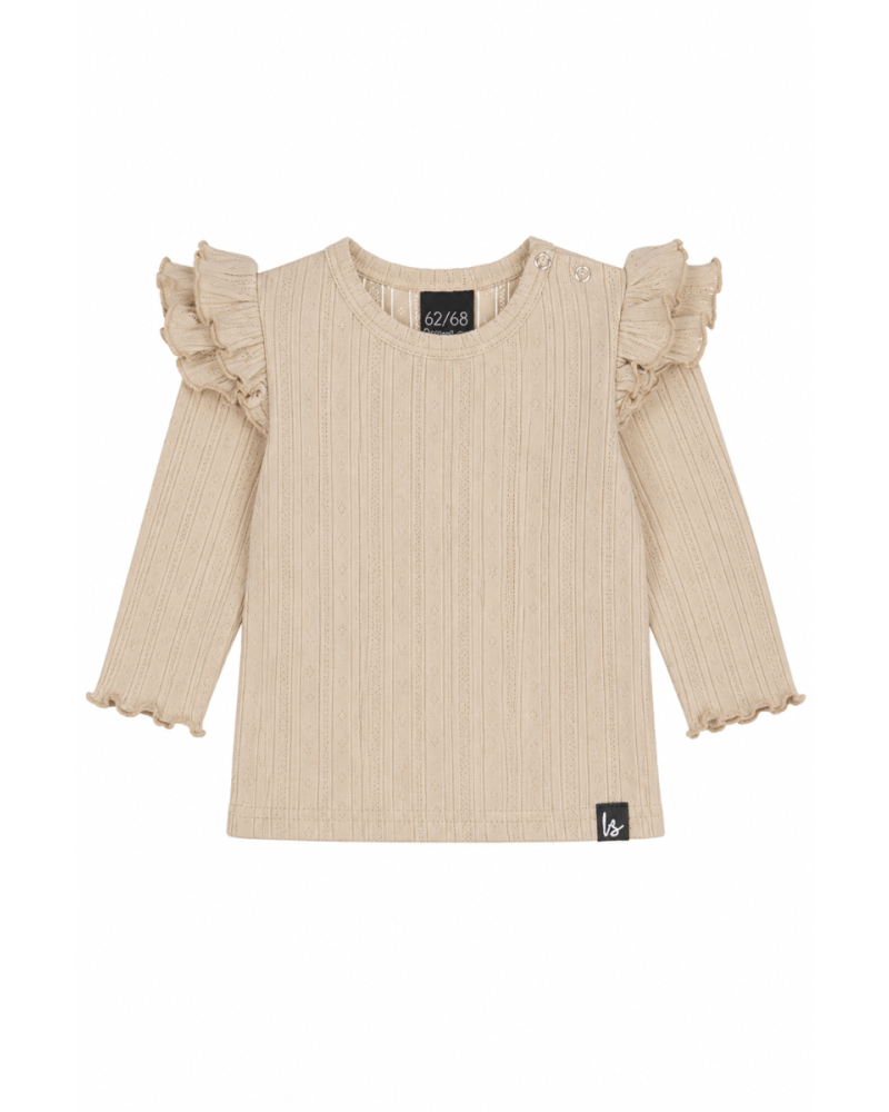 Double ruffle longsleeve pointelle (streep) warm beige - preorder 8 sept